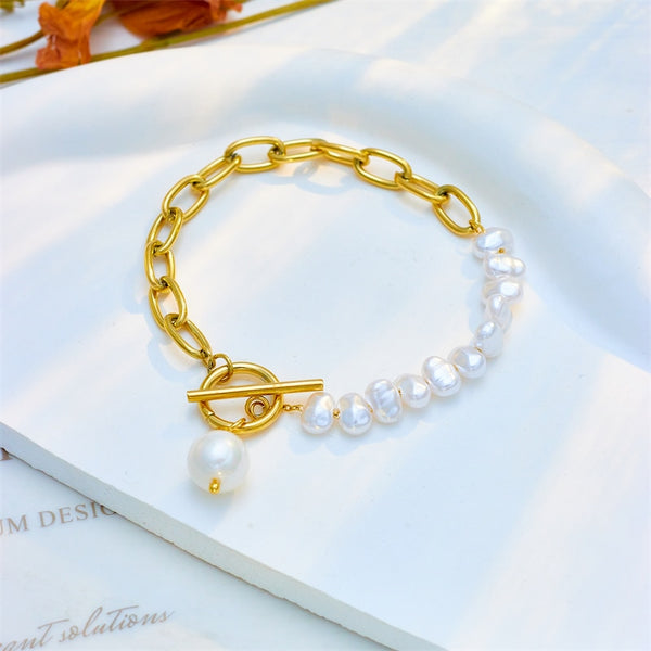 18k Gold French Cuban Pearl Bracelet