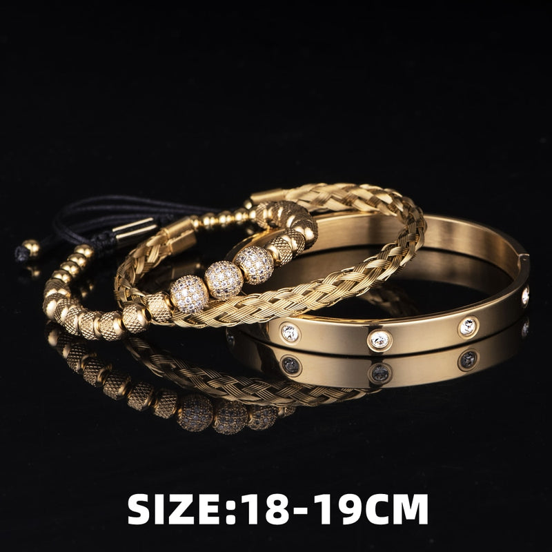 3pcs 18k Gold / Sterling Silver Micro Paved Bracelet Set