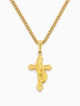 18K Gold Big Cross Praying Hand Pendant Chain Necklace
