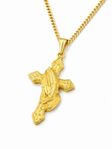 18K Gold Big Cross Praying Hand Pendant Chain Necklace