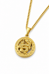 18K Gold Ancient Dragon Pendant Chain Necklace