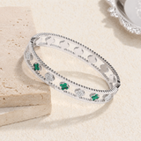 Sterling Silver Clover Emerald Pearl Bangle Bracelet