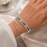Sterling Silver Clover Emerald Pearl Bangle Bracelet