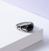 Sterling Silver Black Onyx Trident Stone Ring