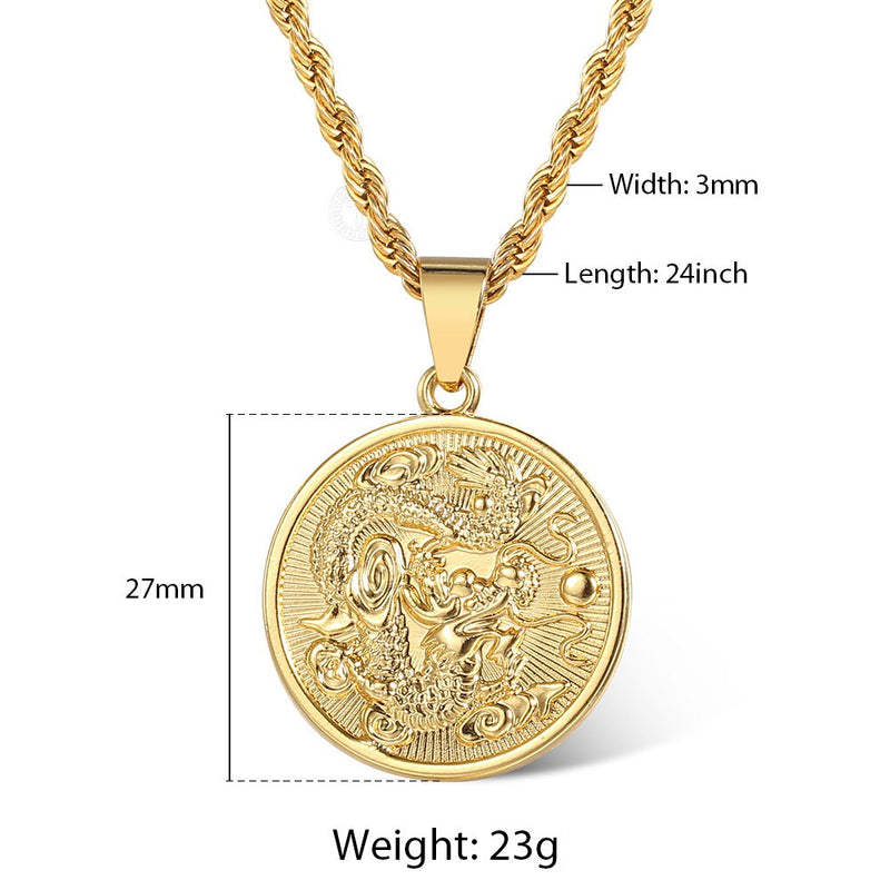 18k Gold 3mm Rope Necklace Dragon Pendant