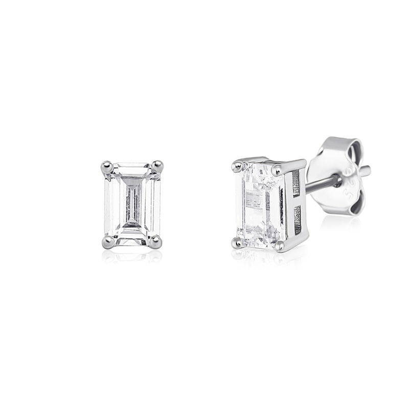 Sterling Silver Baguette Stud Diamond Earrings