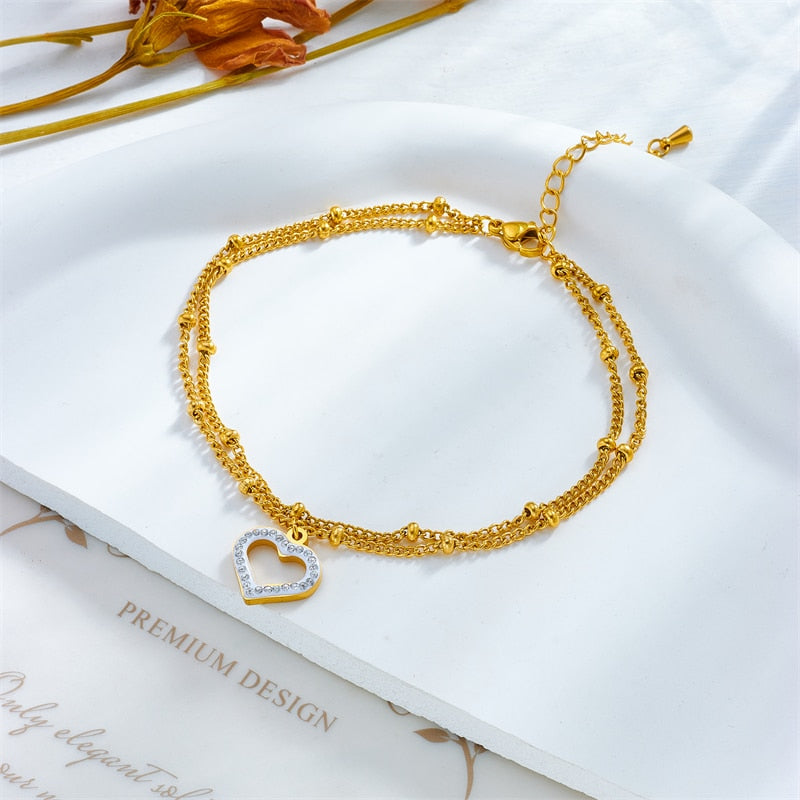 18k Gold Rubier Diamond Heart Anklet