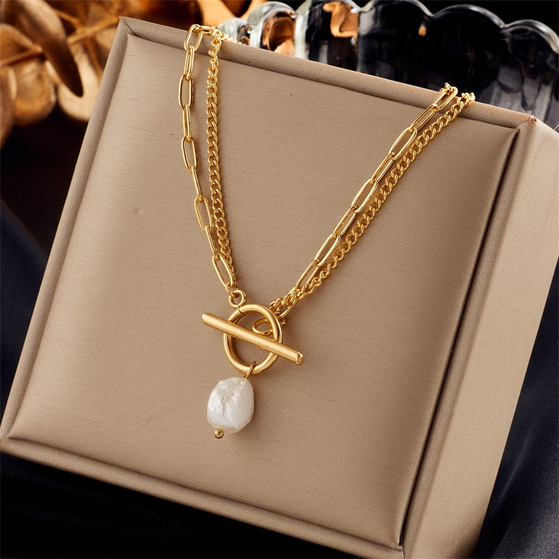 18k Gold Miami Cuban Pearl Rock Necklace