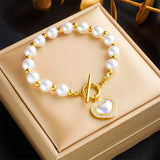18k Gold Pearl Heart Diamond Bar Link Bracelet