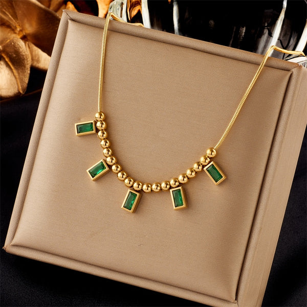 18k Gold Pearl Emerald Gem Rope Necklace