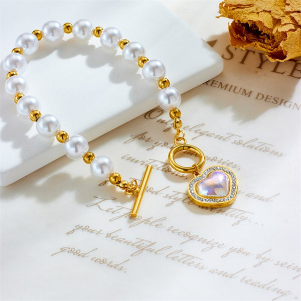 18k Gold Pearl Heart Diamond Bar Link Bracelet