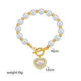 18k Gold Pearl Heart Diamond Bar Link Bracelet