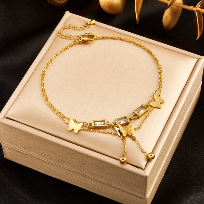 18K Gold Diamond Baguette Butterfly Anklet