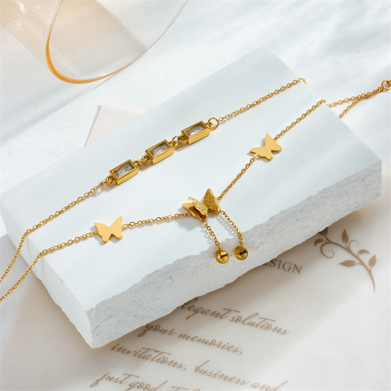 18K Gold Diamond Baguette Butterfly Anklet