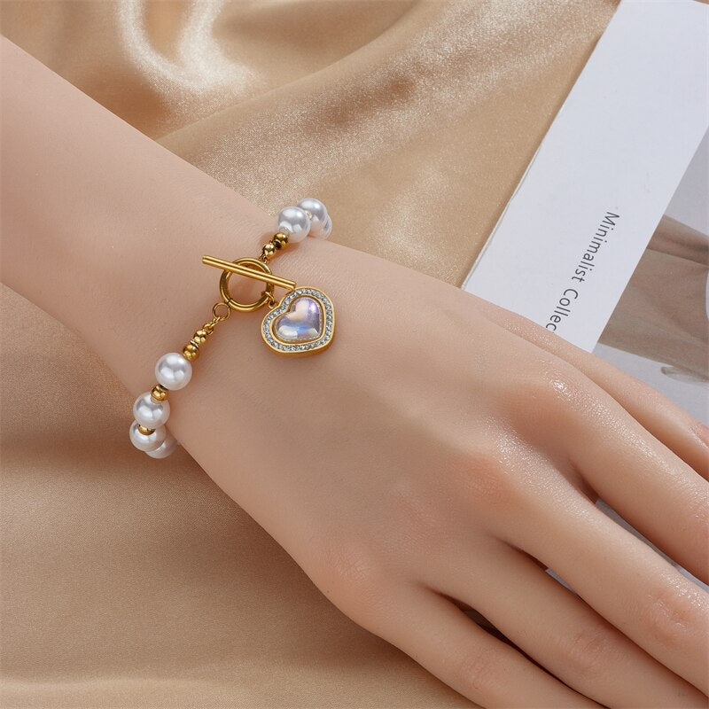 18k Gold Pearl Heart Diamond Bar Link Bracelet