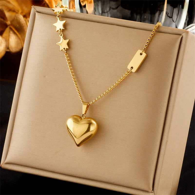 18k Gold Heart Star Cubic Necklace
