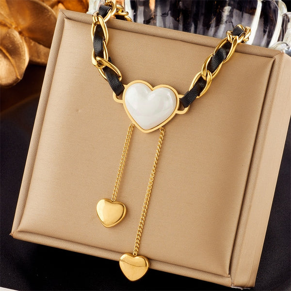 18k Gold Leather Strap Heart Pearl Cuban