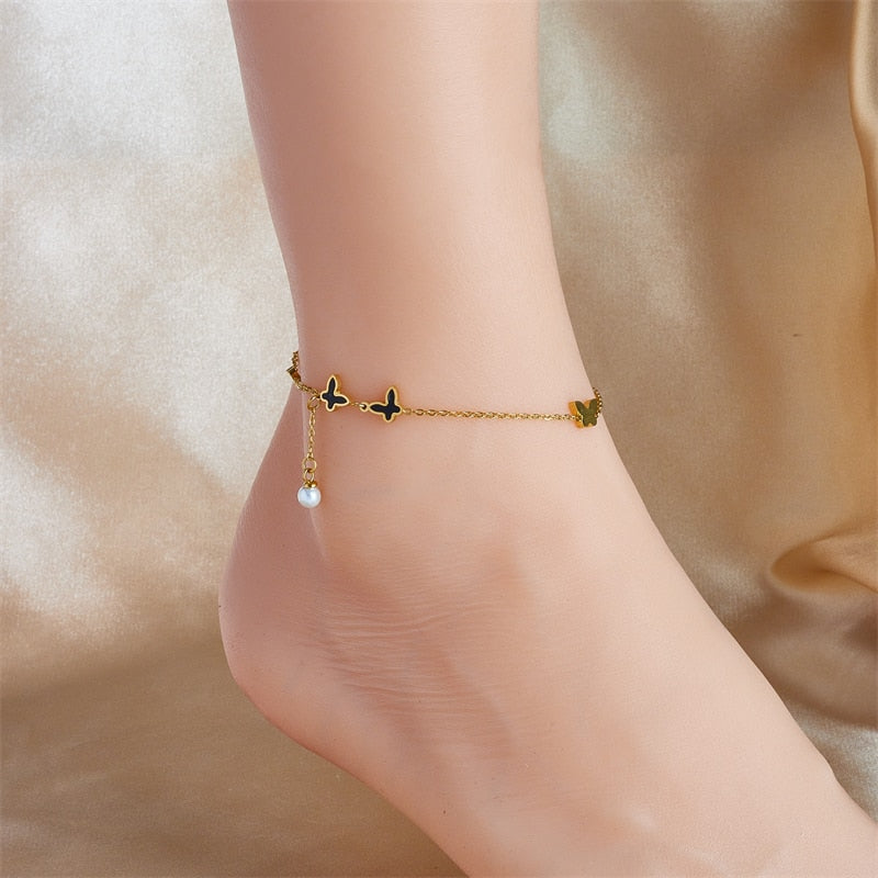 18k gold butterfly pearl anklet