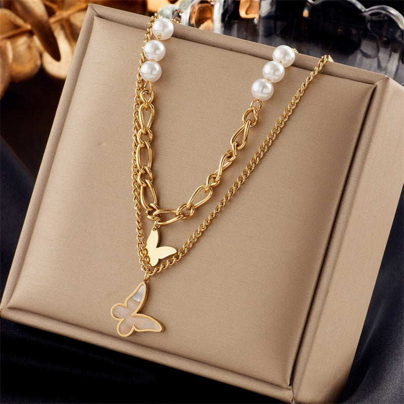 18k Gold Butterfly Figaro Pearl Necklace Set