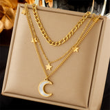 18k Gold Moon Pearl Star Figaro Chain Set