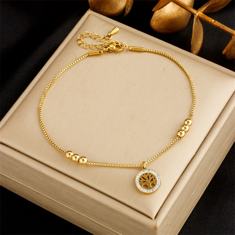 18k Gold Rope Cube Pearl Tree Anklet