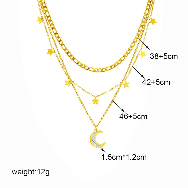 18k Gold Moon Pearl Star Figaro Chain Set