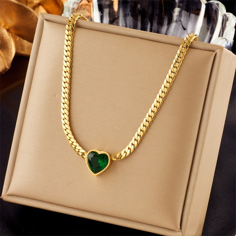 18k Gold Cuban Link Emerald Heart Pendant