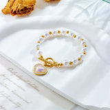 18k Gold Pearl Heart Diamond Bar Link Bracelet