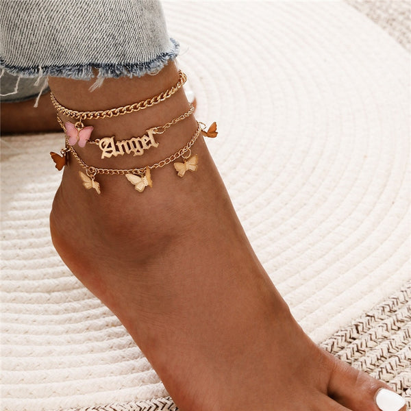 18k Gold Angel Butterfly Anklet Set