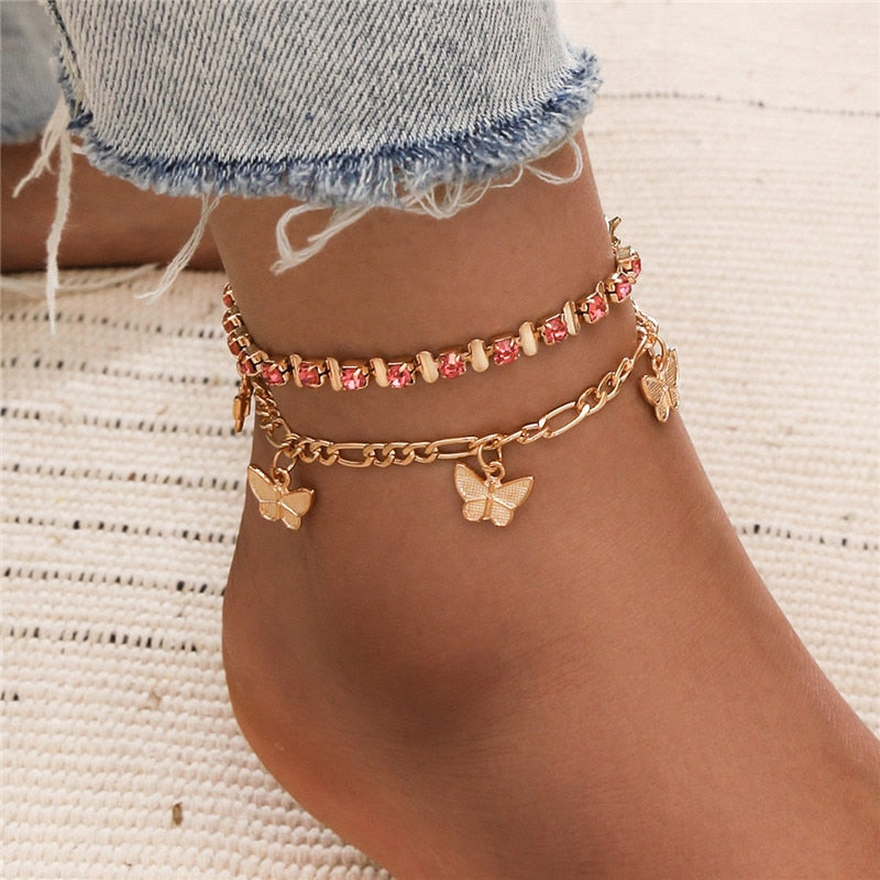 18k gold Butterfly Ruby Anklet Set