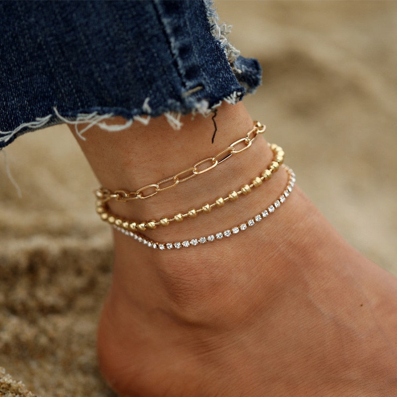 18k Gold Diamond Link Anklet Set