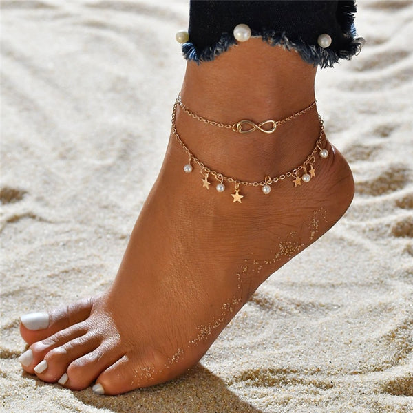 18k Gold Infinty Stars Anklet Set