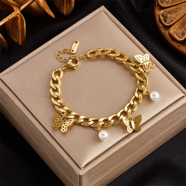 18k Gold Butterfly Pearl Cuban Bracelet