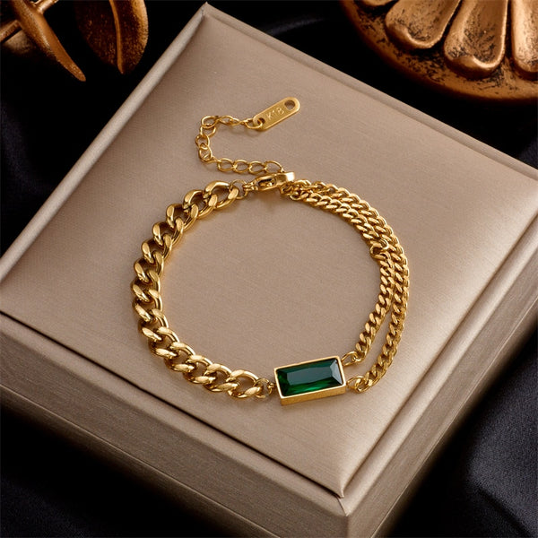 18k Gold Emerald Stone Cuban Bracelet