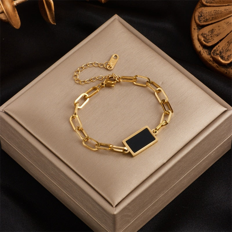 18k Gold Black Gem Wide link Bracelet