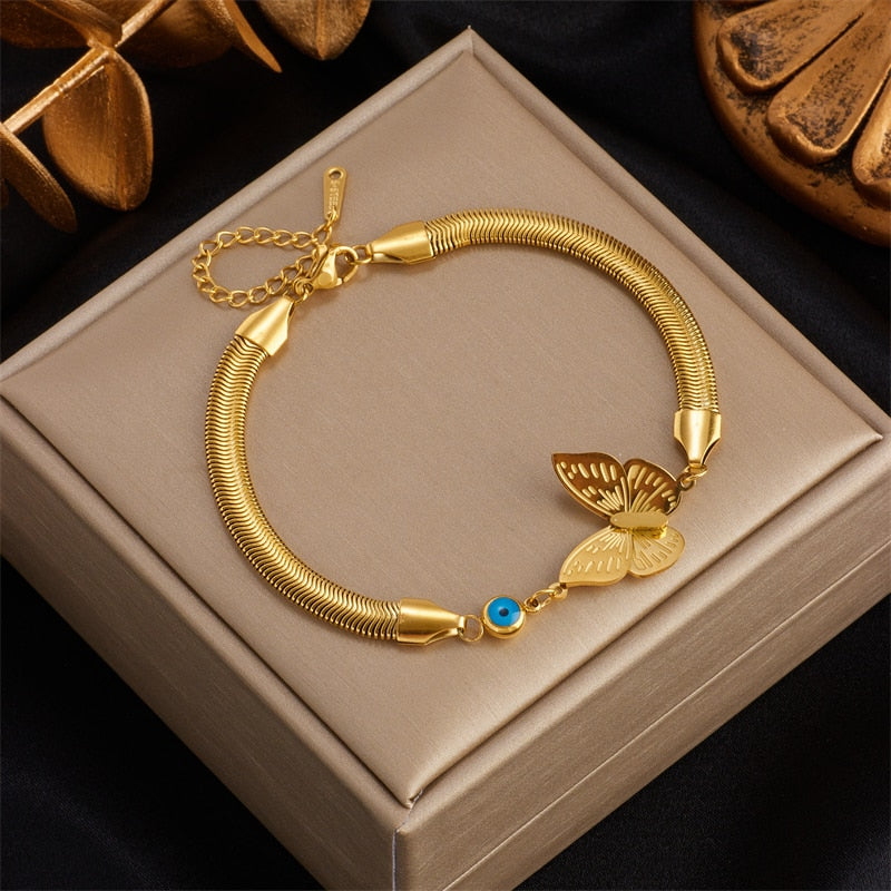 18k Gold Butterfly Snake Chain Bracelet