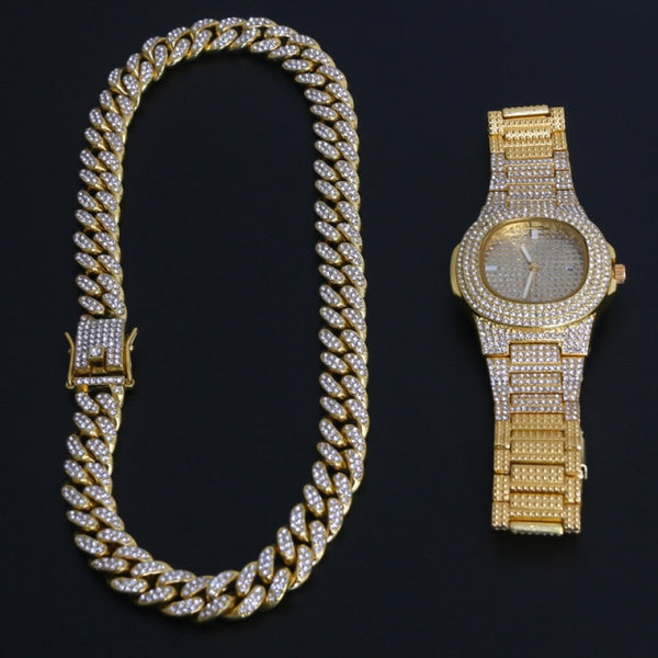 18k Gold Diamond Cuban Link Set