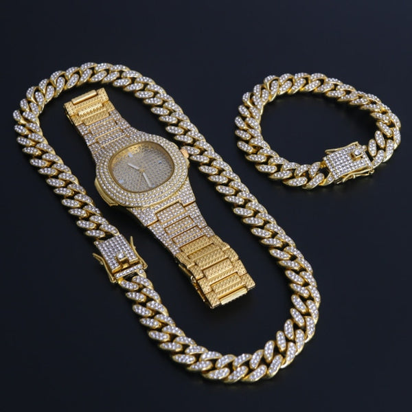 18k Gold Diamond Cuban Link Set