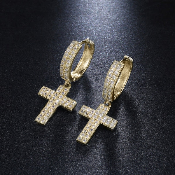 18k Gold Huitan Cross Diamond Earrings