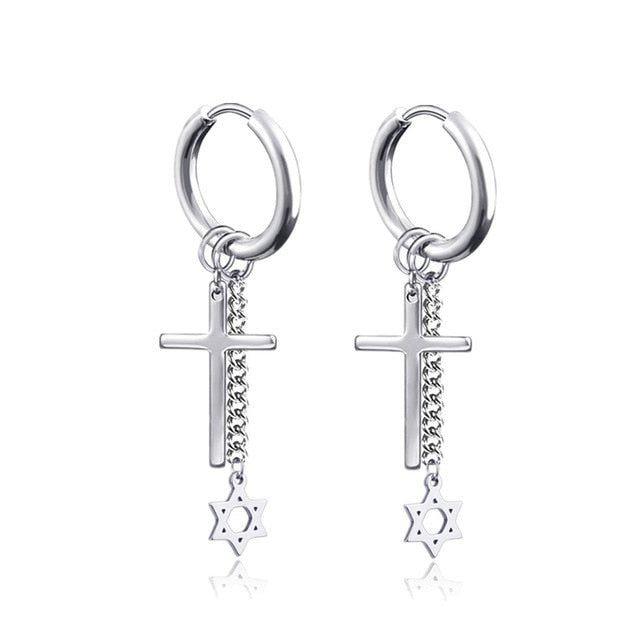 Silver Cross Star Earrings